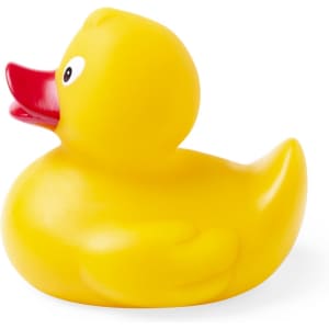 A yellow rubber duck with a red beak, featuring a smooth, shiny surface and a cheerful expression.