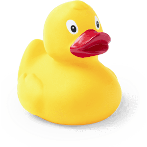 A bright yellow rubber duck with a red beak, featuring a rounded body and big eyes. It has a logo on its side.