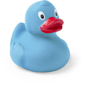 A blue rubber duck with a red beak, designed as a stress relief toy. It features a logo on its side.