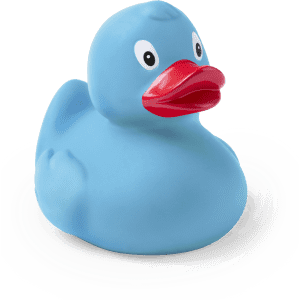 A blue stress rubber duck with a red beak and white eyes, featuring branding on the surface.