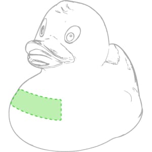 A rubber duck with a wide smile and a green band around its body, featuring a logo.