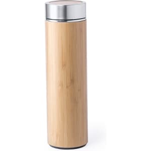 A drink bottle with a sleek bamboo exterior and a stainless steel top, featuring a simple design and a logo.
