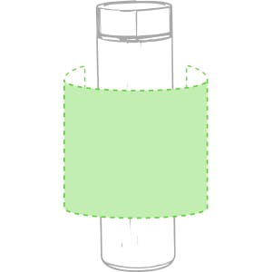 A drink bottle featuring a transparent design with a green band around its middle, including a logo.