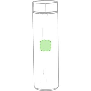 A drink bottle with a cylindrical design, featuring a transparent body and a green square logo on the centre.