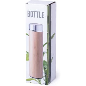 A drink bottle with a bamboo exterior and metal lid, presented in a stylish box featuring plant imagery.