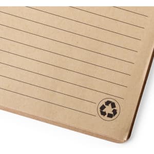 A brown lined notebook with a recycled symbol in the bottom corner, featuring a textured cover.