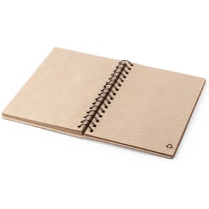 A spiral-bound notebook with a light wooden cover and blank, lined pages inside. It features a recycling logo.