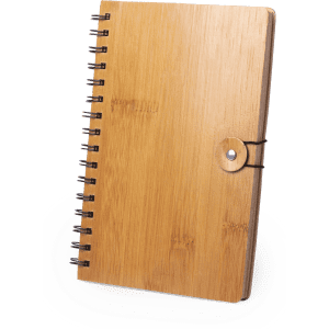 A bamboo notebook with a spiral binding and a wooden button closure, featuring a natural finish.