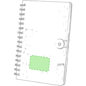 A spiral-bound notebook with a green cover and a clasp, featuring an area for a label.