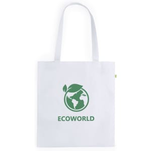 A white tote bag featuring a green logo with a globe and leaf design.