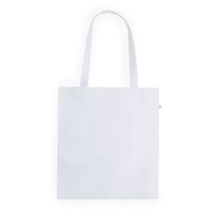 A plain white tote bag with two sturdy handles and no visible logo or branding.