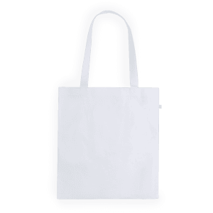 A white tote bag with two handles and a plain design, featuring a logo on one side.