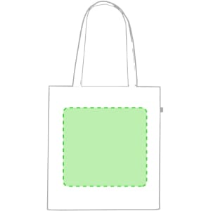 A white tote bag with a green stitched rectangular design and two handles, featuring a branding logo.