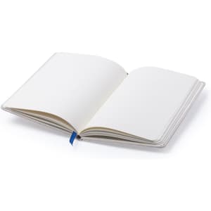 An open notepad with blank white pages and a blue ribbon marker, featuring a plain design and a logo on the cover.