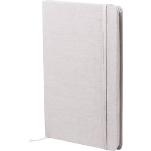 A light grey notepad with an elastic closure and a ribbon bookmark, featuring a textured cover and a logo.