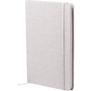 A white notepad with a textured cover and an elastic band closure, featuring a bookmark ribbon and a logo.