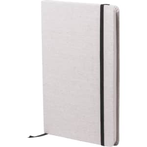 A grey notepad with a textured cover and black elastic band, featuring a ribbon bookmark and branding.