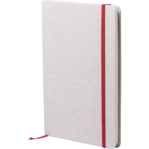 A grey notepad with a textured cover and a red elastic band. It features a logo on the front.