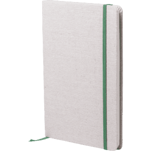 A notepad with a textured white cover and a green elastic band. It features a ribbon marker.