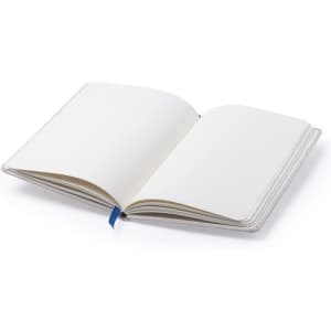 An open white notepad with a blue ribbon bookmark, featuring blank pages and a sleek design.