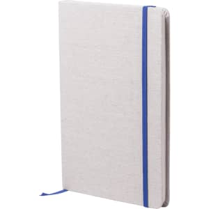 A grey notepad with a blue elastic band closure and a ribbon bookmark, featuring a textured cover.