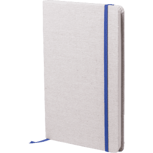 A light grey notepad with a blue elastic band and a matching ribbon bookmark. It features a logo on the cover.