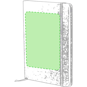 A grey notepad with a green inset area on the front cover and a ribbon bookmark. Features a logo on the cover.