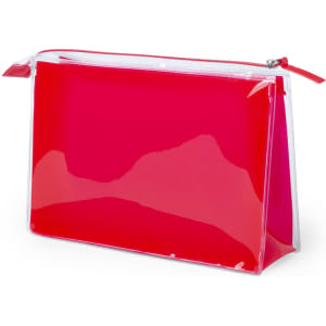 A bright red toiletry bag with a transparent design and a zip closure, featuring a logo on the side.