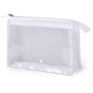 A transparent white toiletry bag with a zip closure and a simple design. Suitable for organising small items.
