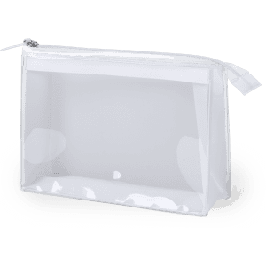 A transparent white toiletry bag with a zippered top and a rectangular shape. It has a simple design and is lightweight.