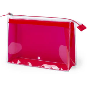 A transparent toiletry bag in vibrant pink with a red zip closure and a structured design.