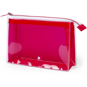 A pink translucent toiletry bag with a zip closure and a solid red trim. It features a simple design and has a logo.