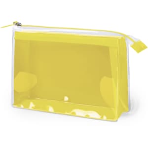A transparent toiletry bag in bright yellow with a zip closure and a white trim. It features a branding logo.