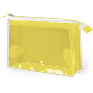 A clear toiletry bag in bright yellow with a zip closure and a simple design. It features a logo on one side.
