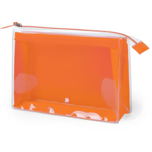 An orange transparent toiletry bag with a zip closure and a clear base.