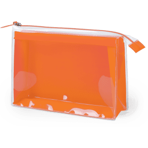 An orange transparent toiletry bag with a zip closure and a clear base, featuring a logo.