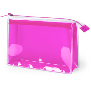 A pink transparent toiletry bag with a white zipper and a structured design. It features a logo on the front.