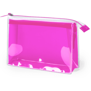 A bright pink transparent toiletry bag with a zip closure and a rectangular shape.