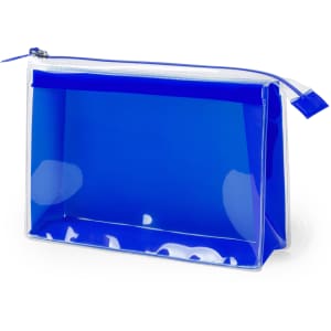 A blue transparent toiletry bag with a zip closure and a clear base, featuring a logo on one side.