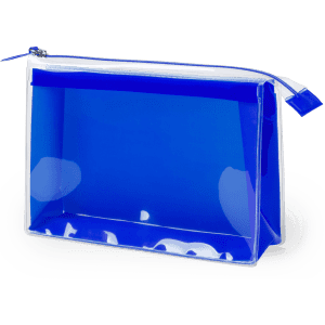 A transparent blue toiletry bag with a white zipper and a sturdy design, ideal for storing cosmetics or accessories.