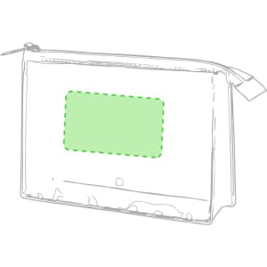 A transparent toiletry bag with a green rectangular detail and a zip closure, featuring a logo.