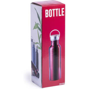 A drink bottle in a glossy red and metallic finish, displayed in a promotional box featuring plant imagery.