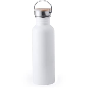 A drink bottle in white with a silver lid and wooden accent. Features a sleek, minimalist design.