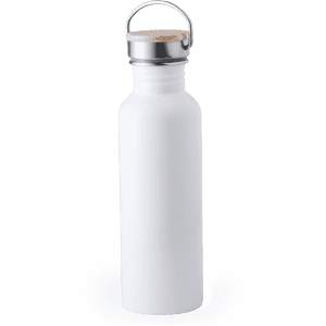A drink bottle in white with a metal screw lid and a wooden top handle. Features a simple design.
