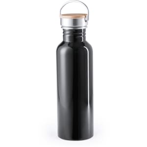A drink bottle in sleek black with a silver neck and a wooden cap, featuring a simple design and a logo.