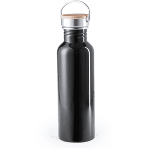 A drink bottle in a sleek black finish, featuring a silver cap and a wooden accent on the lid, with a logo.