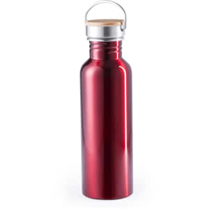 A drink bottle in a shiny red finish with a silver cap and a wooden accent on the top.
