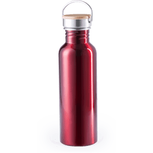 A drink bottle in a glossy red finish with a metal body and a wooden cap, featuring a logo.