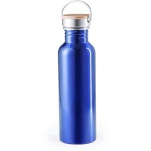 A drink bottle in a vibrant blue colour, featuring a silver cap and a wooden handle. Includes a logo.