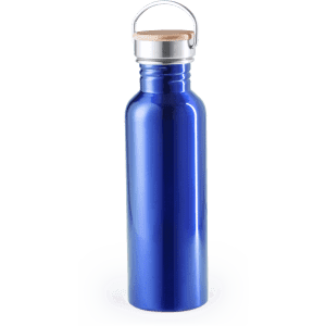A drink bottle in a vibrant blue colour with a metal body and a wooden lid. It features a logo.